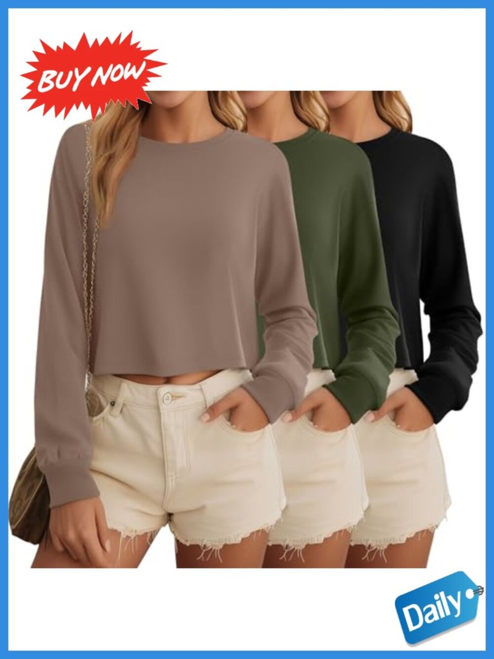 Long Sleeve Cropped Tops 3 Pack Cotton Blend Crew Neck Crop Tee